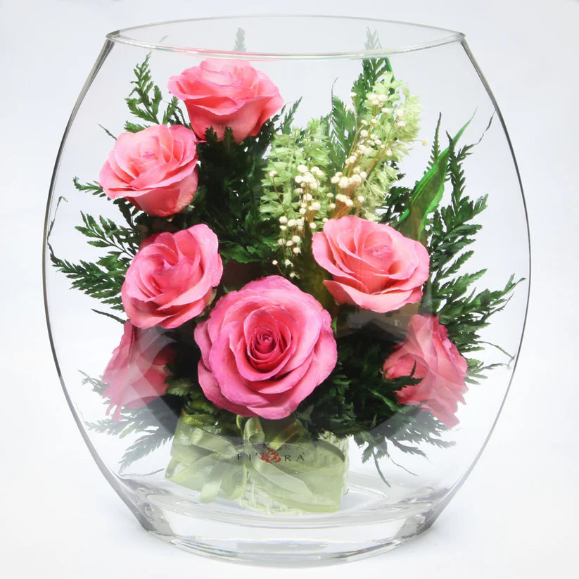 Seven Stunning Pink Roses in a Glass Vase for Enduring Elegance