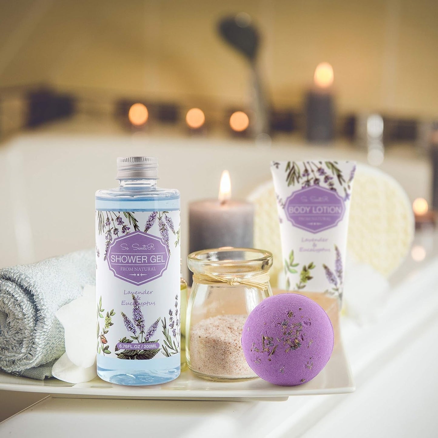 Spa Gift Baskets for Women - Holiday Christmas Gifts for Mom - Relaxing at Home Spa Kit in Lavender Eucalyptus - 12 Pc Home Bath Set Body Lotion Bubble Bath Bombs Bath Salts Shower Gel