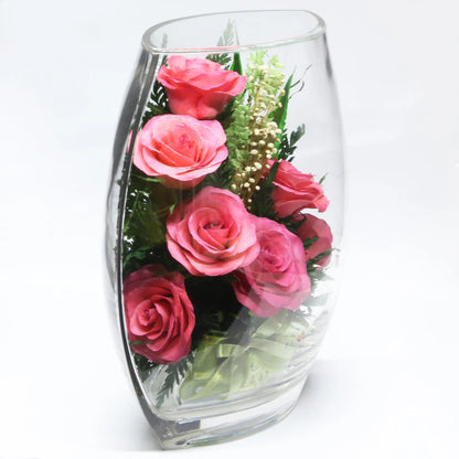 Seven Stunning Pink Roses in a Glass Vase for Enduring Elegance