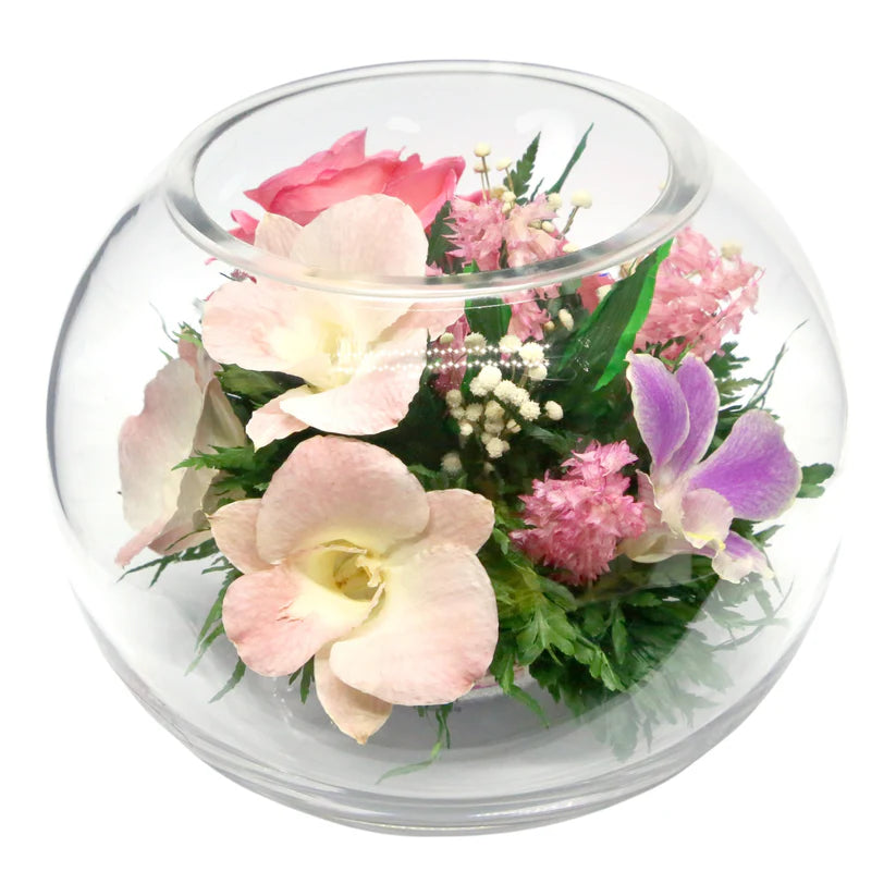 Serenity in Bloom: Everlasting Pink Roses and Orchids