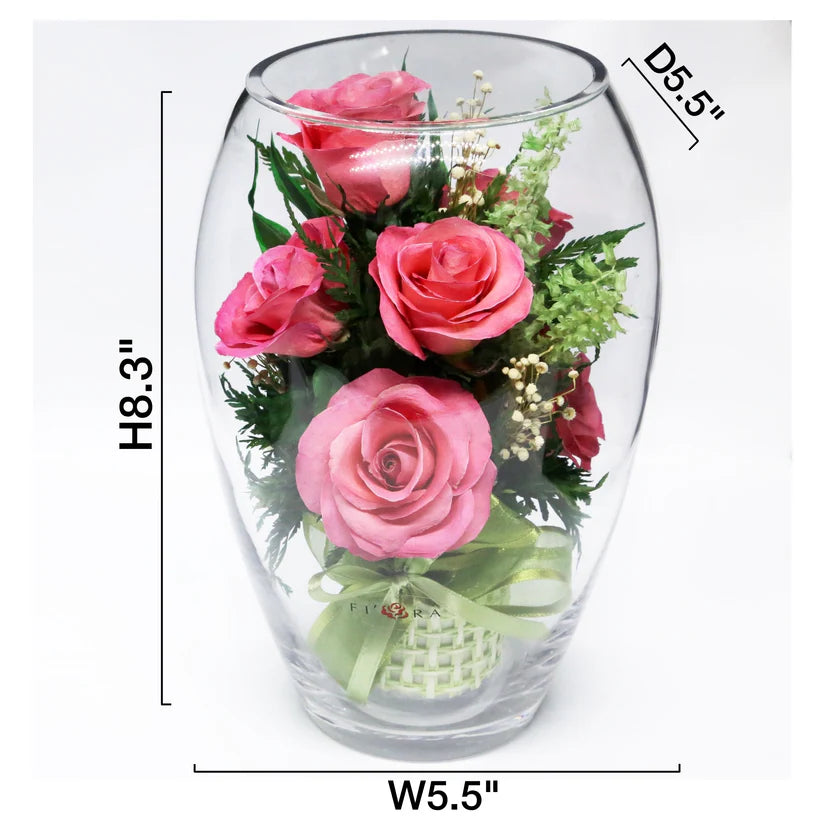 Seven Vibrant Rosy Charm Pink Roses in a Stylish Round Glass Vase