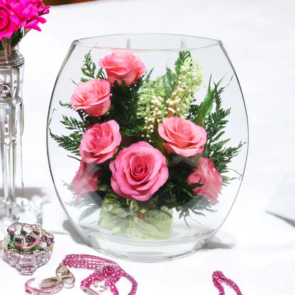 Seven Stunning Pink Roses in a Glass Vase for Enduring Elegance