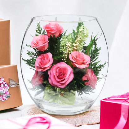 Seven Stunning Pink Roses in a Glass Vase for Enduring Elegance