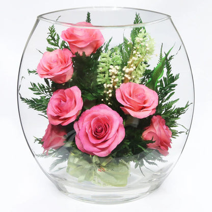 Seven Stunning Pink Roses in a Glass Vase for Enduring Elegance