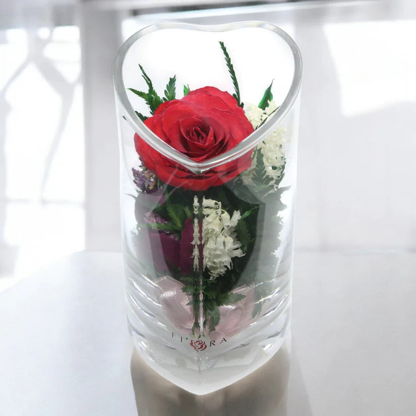 Enduring Romance: Single Red Rose, Beautiful Heart-Shaped Glass Vase