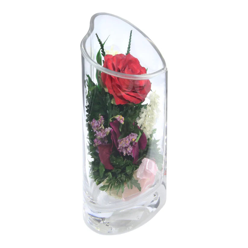 Enduring Romance: Single Red Rose, Beautiful Heart-Shaped Glass Vase