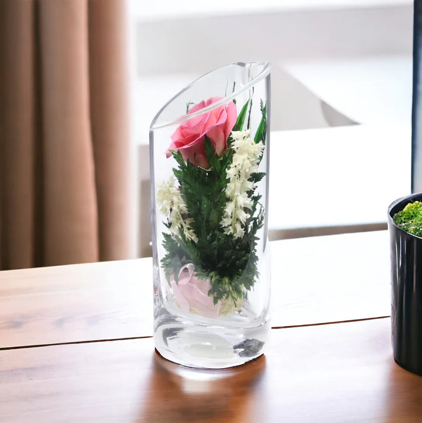 Sweet & Charming Pink Rose in a Heart-Shaped Glass Vase Displayed