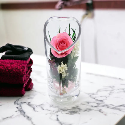 Sweet & Charming Pink Rose in a Heart-Shaped Glass Vase Displayed