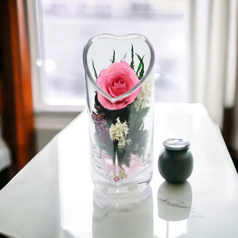 Sweet & Charming Pink Rose in a Heart-Shaped Glass Vase Displayed