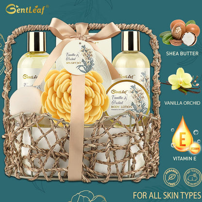 Bath & Body Gift Basket for Women,  Spa Gift Set with Vanila Orchid Scent, Home Relaxation Spa Kit for Her 7 Pcs, Contains Bath Bomb, Bubble Bath, Body Lotion and More, Best Women Gift Idea