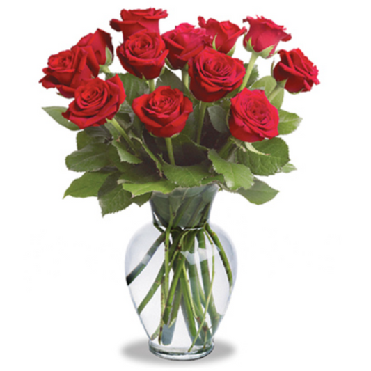 12  Fresh Roses Beautiful Vased in a Quality Glass Vase