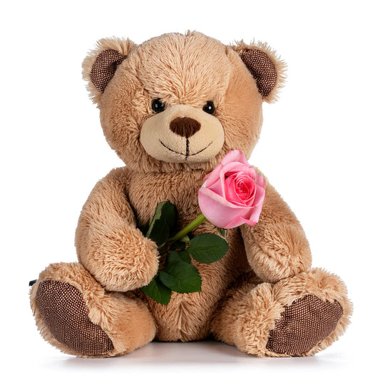 Cuddly Romance: Light Brown Teddy Bear with Pink Rose Gift