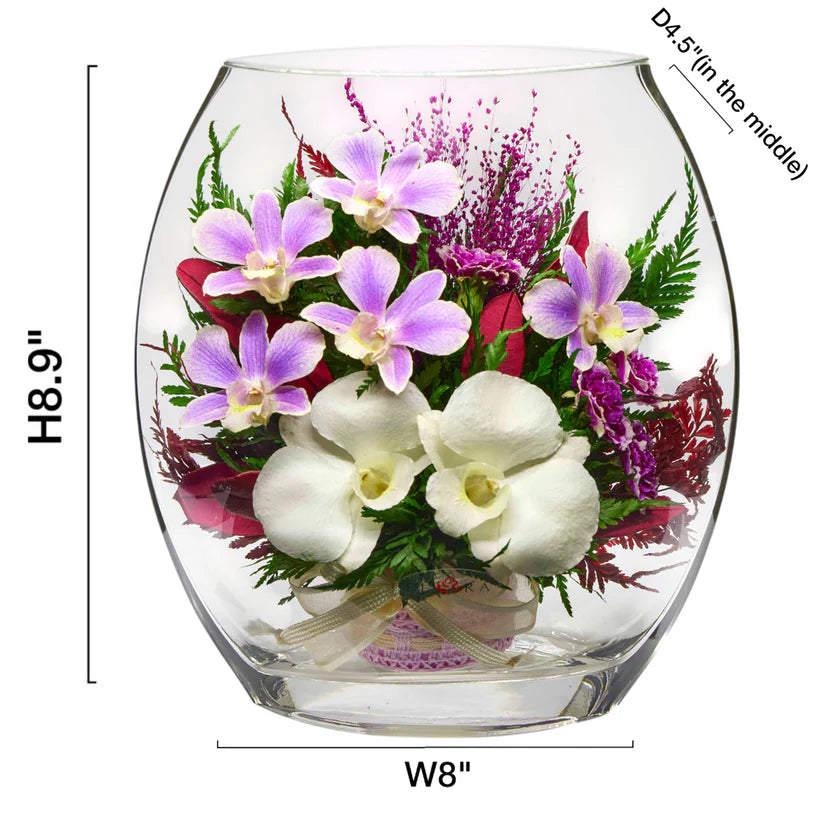 Charming Purple & White Orchids in a Flat Rugby Vase