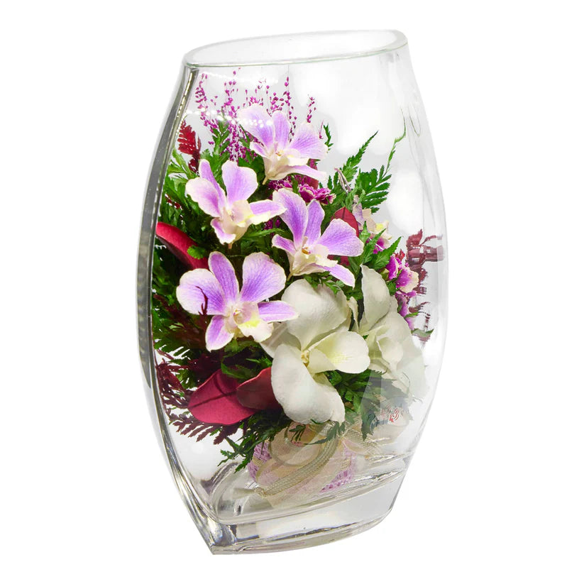 Charming Purple & White Orchids in a Flat Rugby Vase