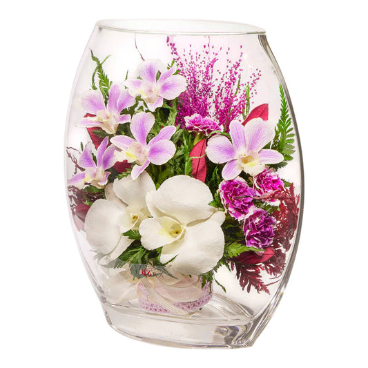 Charming Purple & White Orchids in a Flat Rugby Vase