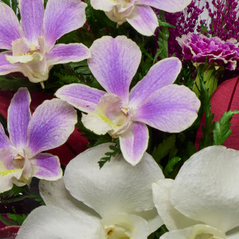 Charming Purple & White Orchids in a Flat Rugby Vase