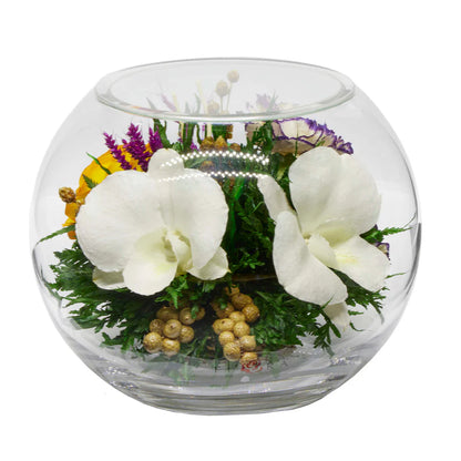 Timeless White Orchids and Roses in a Classic Round Glass Vase