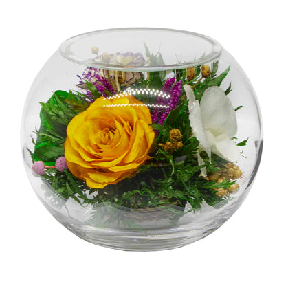 Timeless White Orchids and Roses in a Classic Round Glass Vase