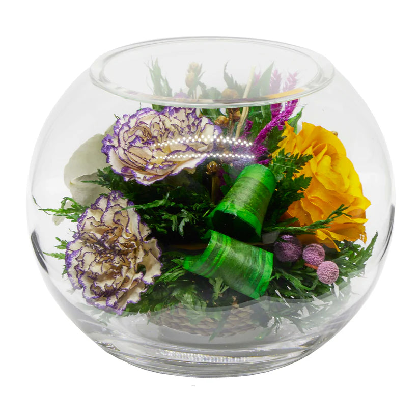 Timeless White Orchids and Roses in a Classic Round Glass Vase