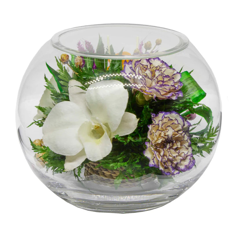 Timeless White Orchids and Roses in a Classic Round Glass Vase