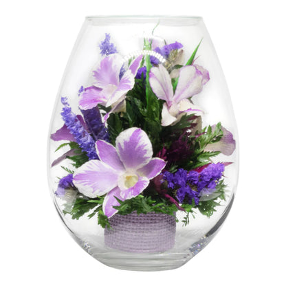 Breathtaking Purple Orchids in a Droplet-Shaped Glass Vase