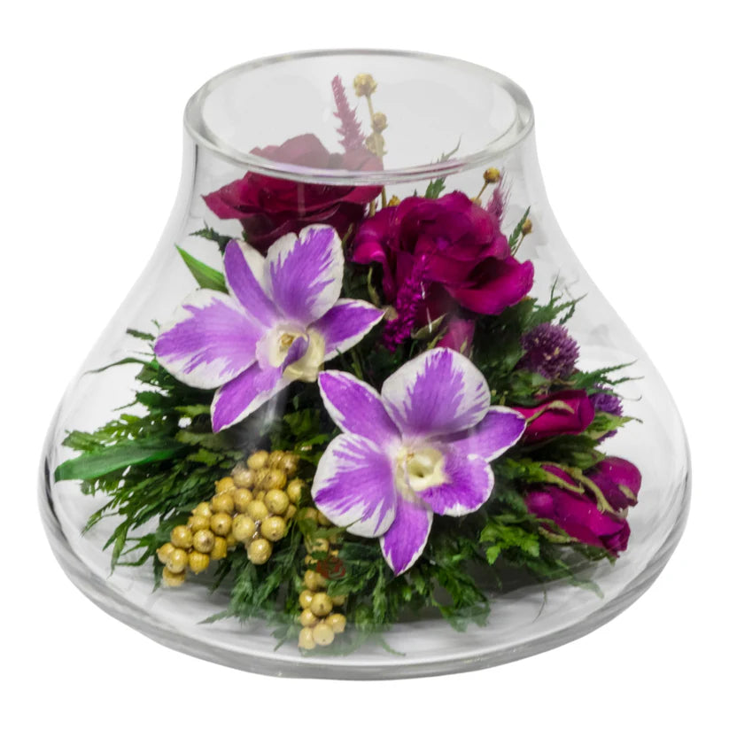 Graceful Roses & Orchids in a Stamp Foot Glass Vase