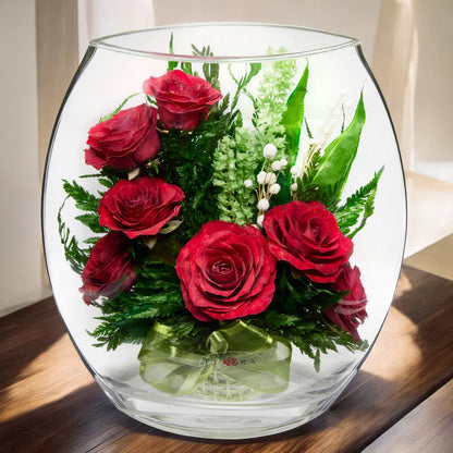 Stunning Red Roses Arranged in a Flat Rugby Glass Vase