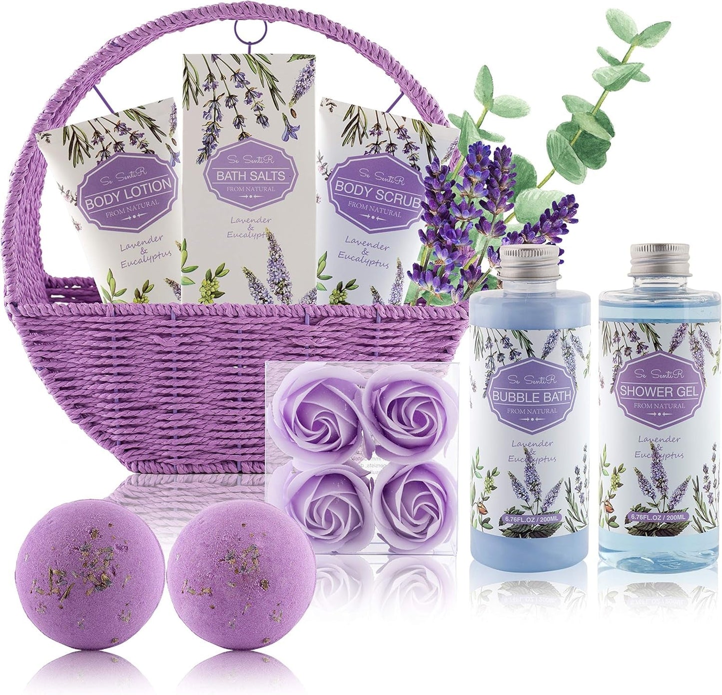 Spa Gift Baskets for Women - Holiday Christmas Gifts for Mom - Relaxing at Home Spa Kit in Lavender Eucalyptus - 12 Pc Home Bath Set Body Lotion Bubble Bath Bombs Bath Salts Shower Gel