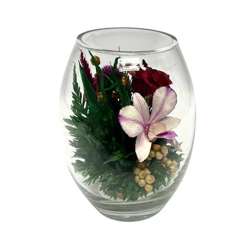 Enduring Roses and Orchids in a Sleek Glass Vase