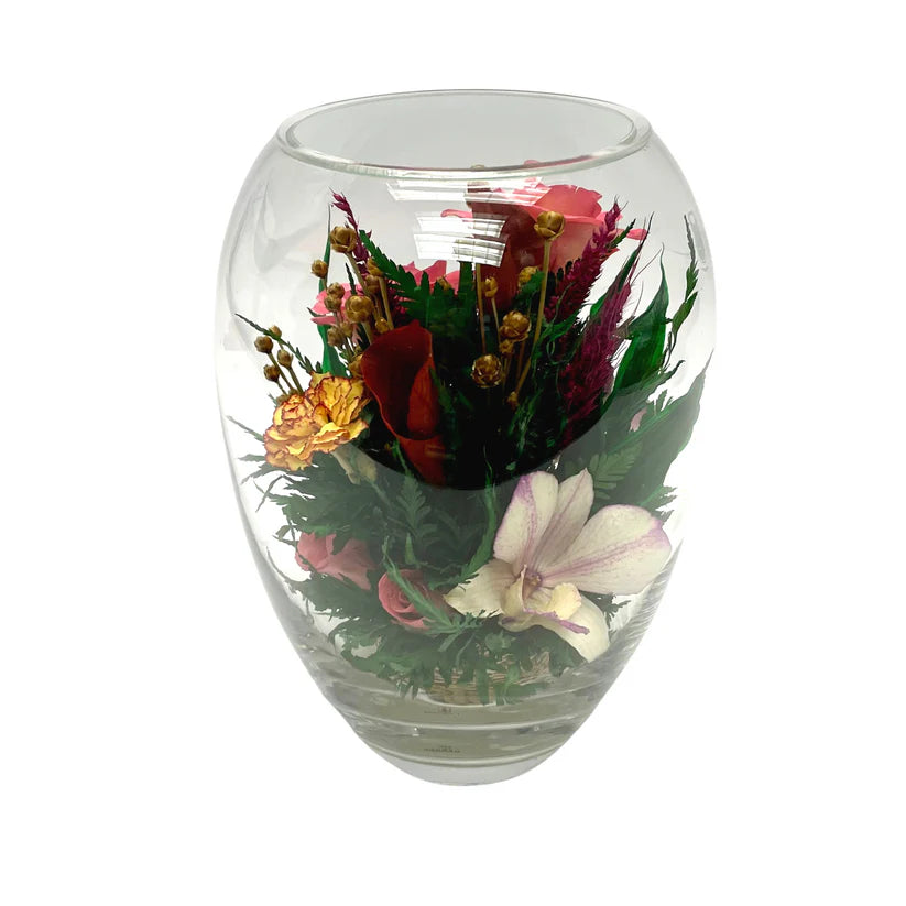 Timeless Pink Roses & Orchids: Elegant Elliptical Glass Vase