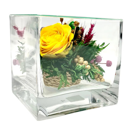 Enduring Yellow Rose & White Orchid: Stylish Cube Glass Vase