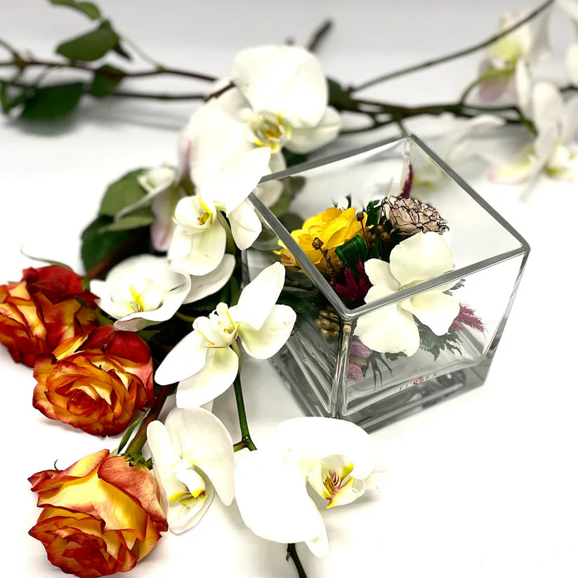 Enduring Yellow Rose & White Orchid: Stylish Cube Glass Vase